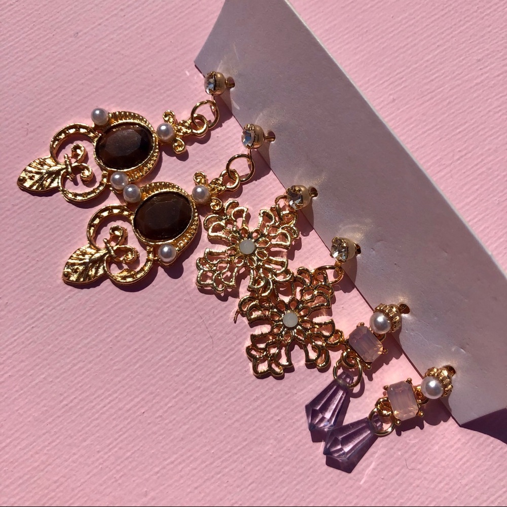 Dahlia purple and pink gold dangle earring set